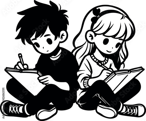 A teenage boy and girl is sitting on the floor, writing in their journals, drawing and decorating
