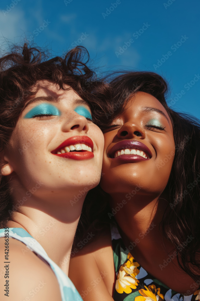 Fototapeta premium Diverse group of women laughing and enjoying sunny day. Beauty and friendship theme.