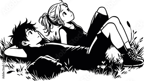 vector A teenage boy and girl lying in the grass