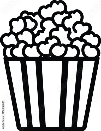 Vector Illustration of a Classic Popcorn Container with Striped Design, Filled with Popcorn Kernels