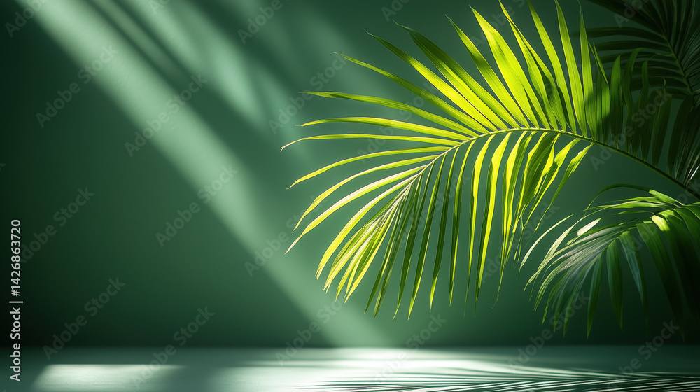 Palm leaf on a green surface with shadow. Stylish background for presentation.
