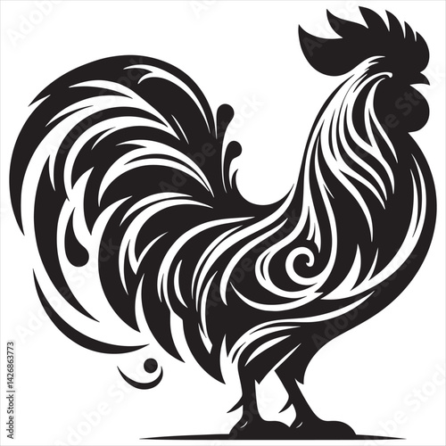 Rooster silhouette vector illustration with tribal animal design elements
