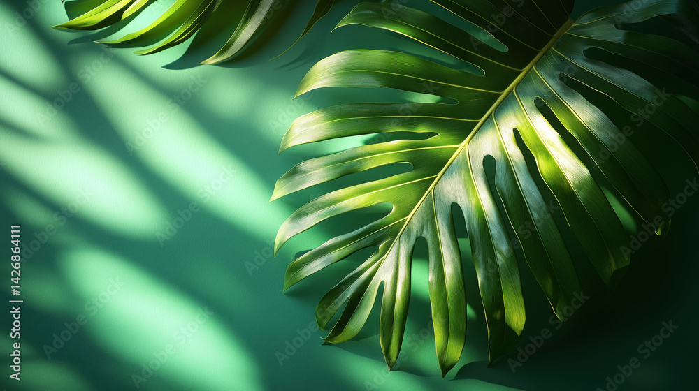 Palm leaf on a green surface with shadow. Stylish background for presentation.