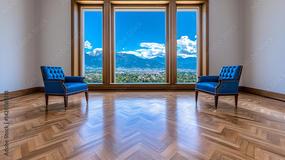 Fototapeta premium Panoramic Mountain City View from Minimalist Room with Blue Armchairs