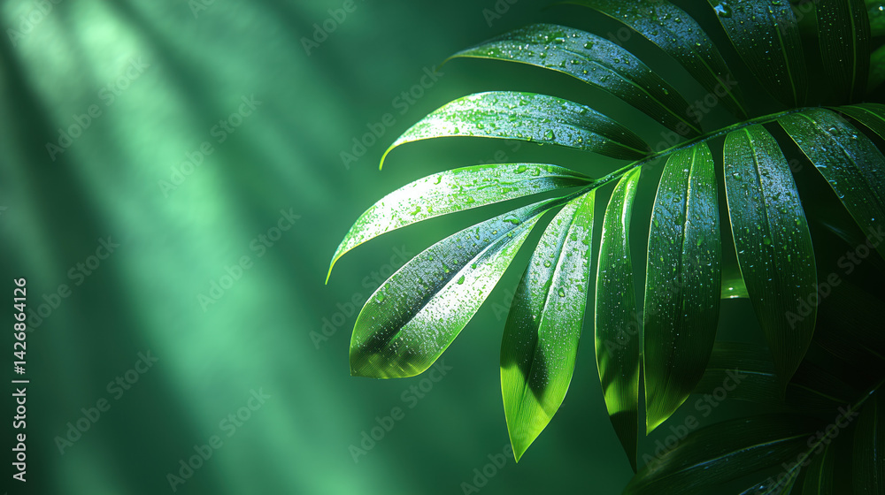 Palm leaf on a green surface with shadow. Stylish background for presentation.