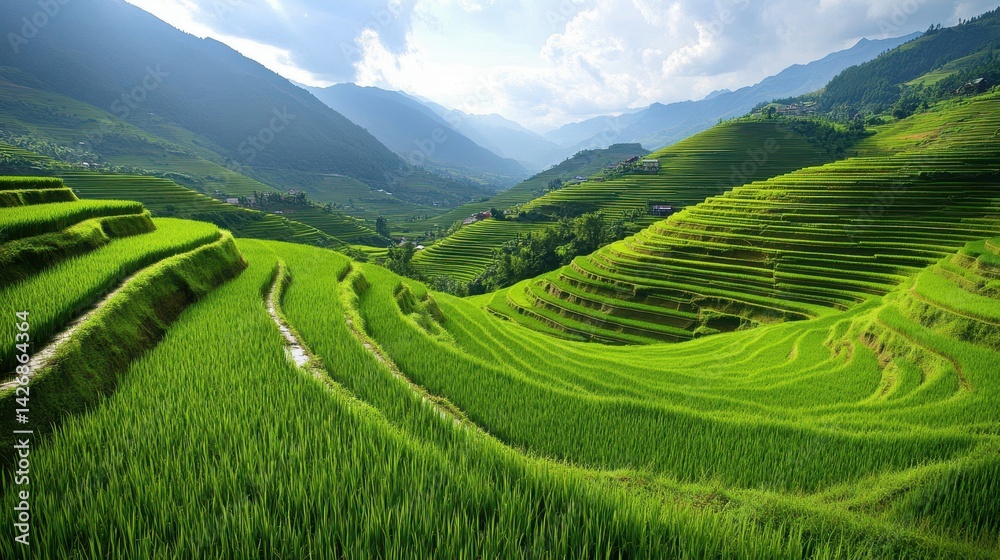 Fototapeta premium A serene background view of farmers' lush green rice fields stretches across the landscape.