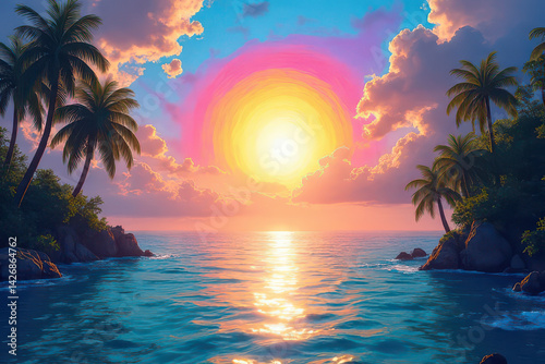 Surreal Tropical Fantasy: Rainbow Swirl Sky, Glowing Water, Abstract Sun, Dreamlike Light, Magical Paradise Scene