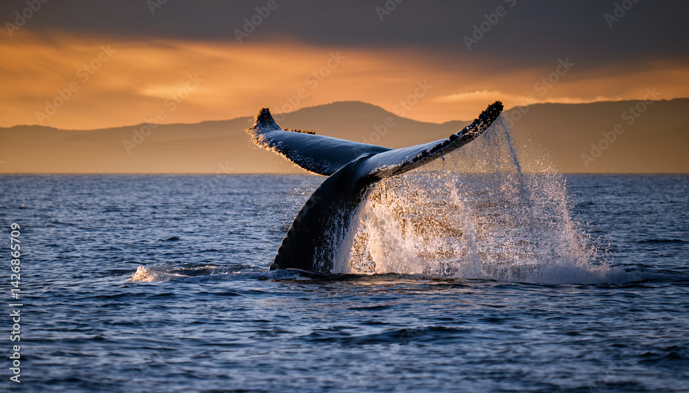 Fototapeta premium A majestic dolphin jumping into the sea at sunset