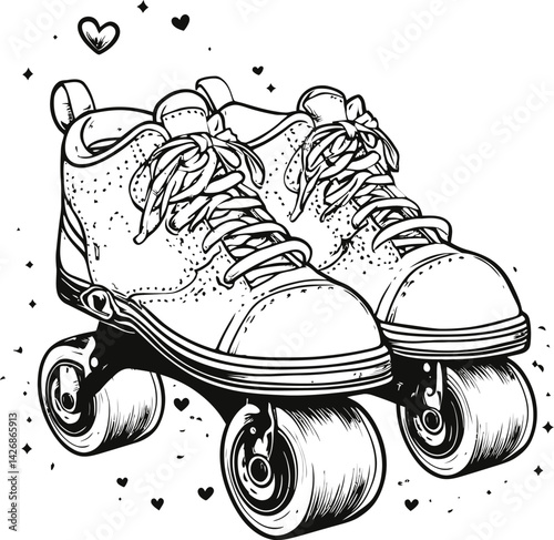Roller Skates Silhouette, Featuring a Pair of Lace-Up Quad Skates with Decorative Hearts