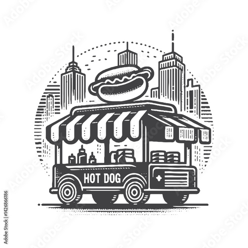 Vintage Hand-Drawn Hot Dog Stand Illustration – Urban Street Food Vector with City Skyline Background for T-Shirts, Posters, Stickers, and Metropolitan Lifestyle Themes