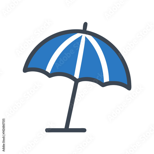 Beach umbrella icon in blue color on a white background, symbol of summer and relaxation