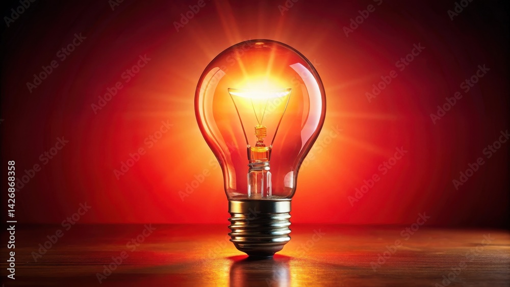 A bright glowing light bulb set against a vibrant red background with soft warm tones and deep shadows A bright glowing light bulb set against a vibrant red background with soft warm tones and deep shadows
