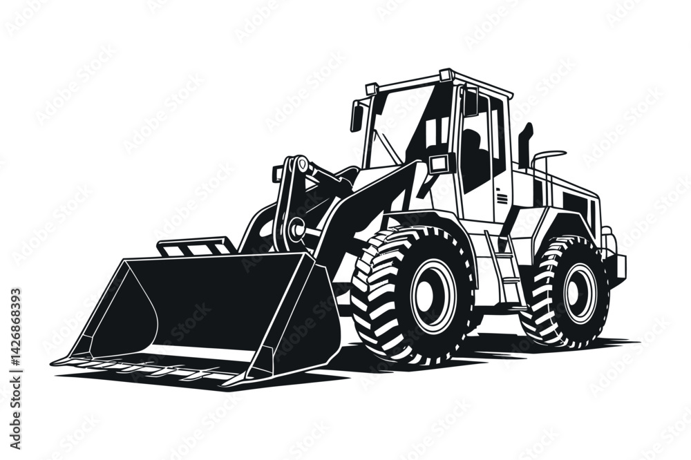 Naklejka premium Black And White Vector Illustration Of Heavy Equipment Wheel Loader For Construction And Mining Applications Ideal For Graphic Resources