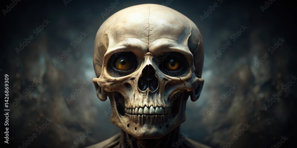 Bony figure with large eye sockets and prominent jawbone displayed against a dark background, mysterious scene Bony figure with large eye sockets and prominent jawbone displayed against a dark background, mysterious scene
