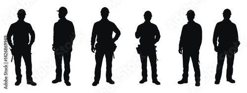 Construction Workers In Silhouette Standing With Tools And Hard Hats Isolated Against A White Background Vector Illustration