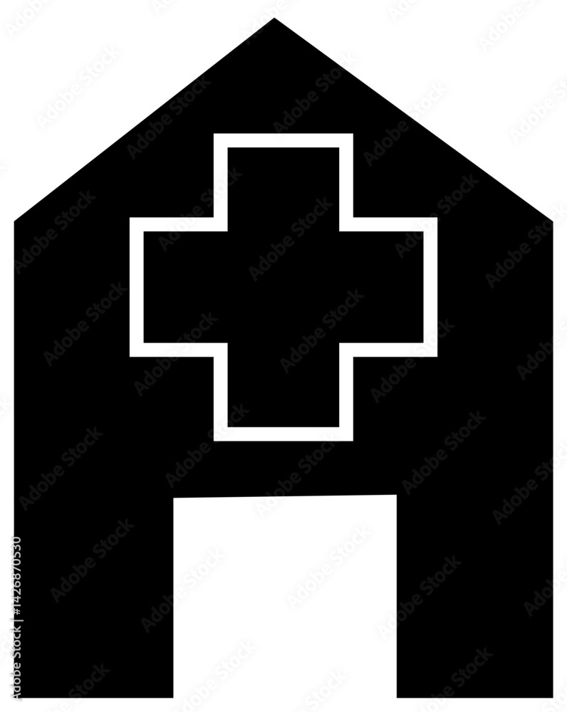 Obraz premium Hospital Building Icon with Medical Cross for Healthcare Facility – Transparent Background.