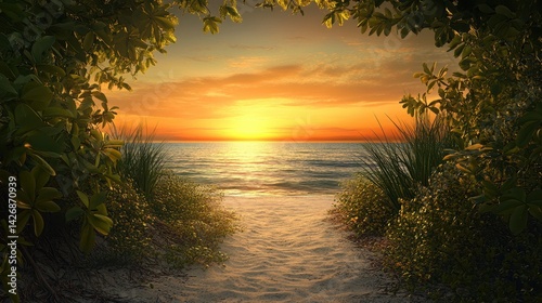 A serene pathway that stretches out towards a picturesque sunset beach. photo