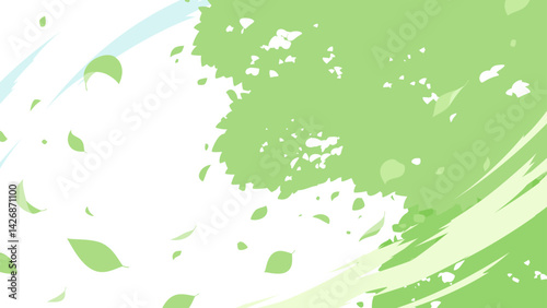 風が吹いて葉っぱが舞う背景イラスト_16:9