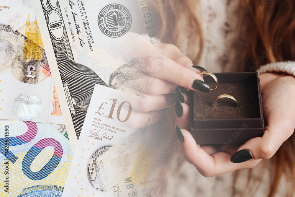 Wedding cost money. Rings and cash. Love is expensive. Engagement concept. Mixed currencies. Relationship budget. Gift box with rings. Marriage finances. Wedding savings. Couple expenses background.