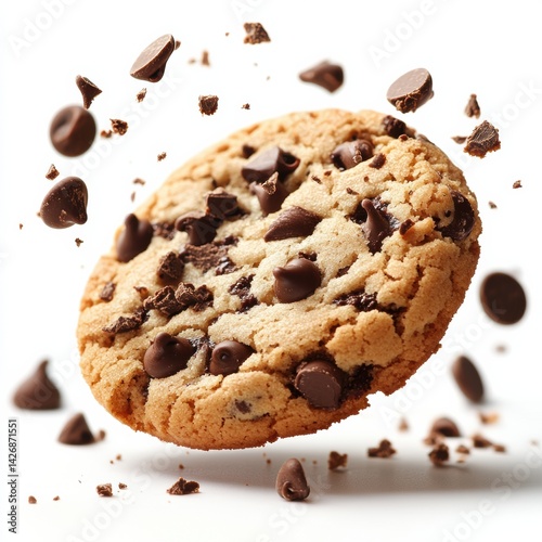 Chocolate chip cookie falling against a white background showing details of dough and chocolate chunks in vector format