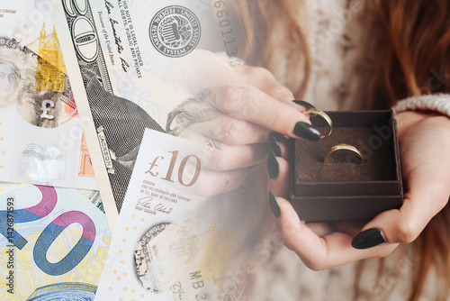 Obraz na płótnie Wedding cost money. Rings and cash. Love is expensive. Engagement concept. Mixed currencies. Relationship budget. Gift box with rings. Marriage finances. Wedding savings. Couple expenses background. w salonie