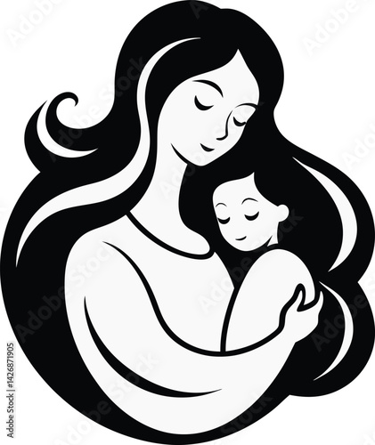 Tender embrace black and white maternal love silhouette art.