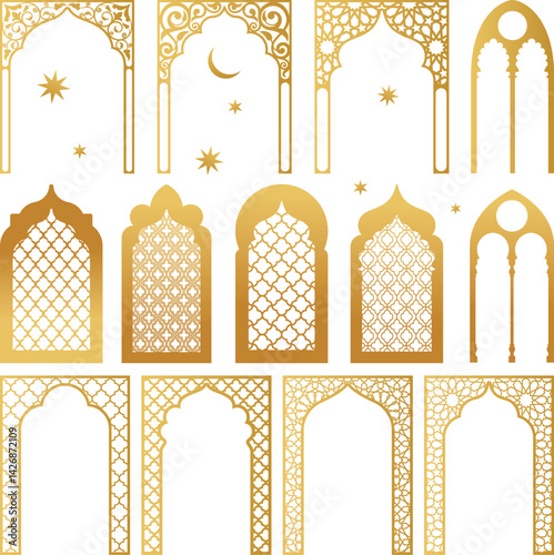 Arabic golden vector arches bundle. Arabian ornament. Doors and windows templates for design