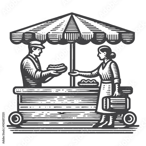 Vintage Hand-Drawn Hot Dog Place Illustration – Street Food Vendor Serving Customers Vector for T-Shirts, Posters, Stickers, and Food Stand Themes