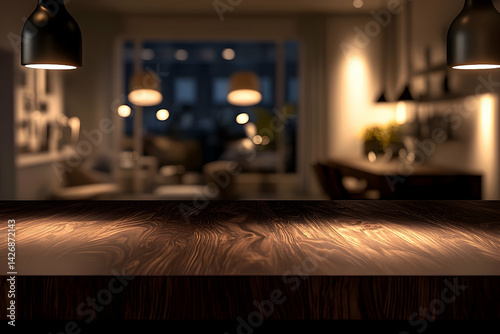 Dark wooden table surface in a softly lit cafe. photo