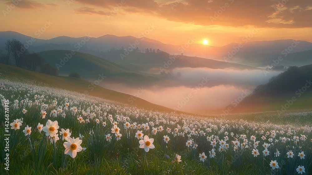 Naklejka premium Sunrise over a mountain valley filled with daffodils