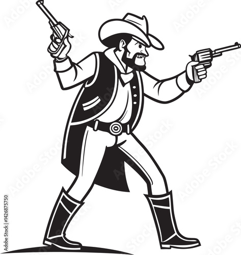 Vintage Cowboy Illustration Holding a Revolver in Classic Western Style