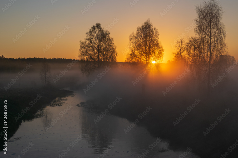 Fototapeta premium awesome misty sunrise over the river