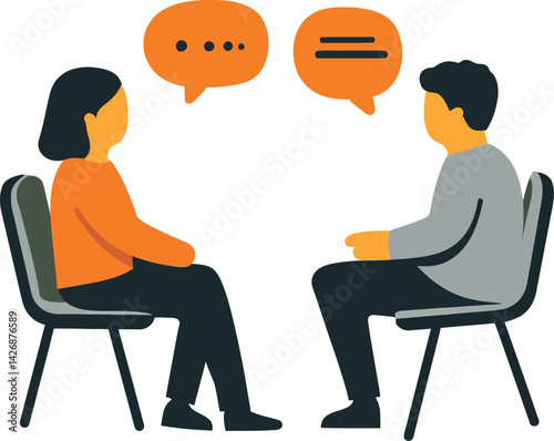 Set of a Conversation Silhouette, Featuring Two Seated Figures Engaged in Discussion with Speech Bubbles Above