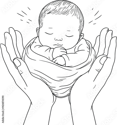 Set of a Baby Care Silhouette, Featuring a Pair of Hands Gently Cradling a Swaddled Newborn