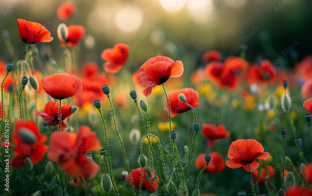 Fototapeta premium Field of red poppies in soft morning light. Peace and remembrance concept. 