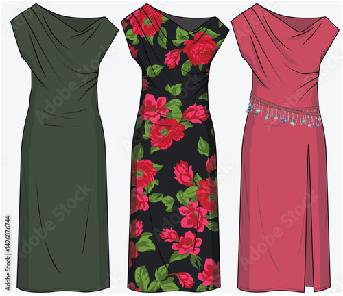 ASYMMETRIC MIDI LENGTH DRESS GATHERS AND SLIT DETAIL DESIGNED FOR YOUNG WOMEN AND WOMEN IN VECTOR FILE