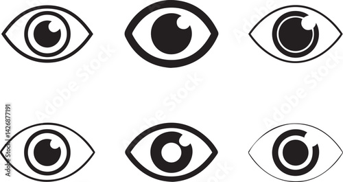 A set of six simple black and white eye icons in various shapes and styles.