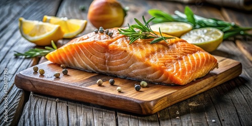Fototapeta Naklejka Na Ścianę i Meble -  Pan-seared salmon fillet on a wooden cutting board , gastronomy, meal prep,  gastronomy