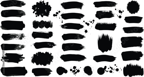 Paint brush, ink splatter, crosses, stains and paint strokes