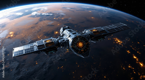 Wallpaper Mural Futuristic spacecraft orbiting unknown planet, showcasing advanced technology and intricate design. scene evokes sense of exploration and wonder in vastness of space Torontodigital.ca