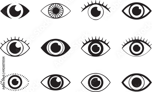 Black and white illustration, stylized eye icons, minimalist design, graphic symbols, vector art, line drawing, geometric shapes, abstract eyeball patterns, simple eye logos, optical illusion