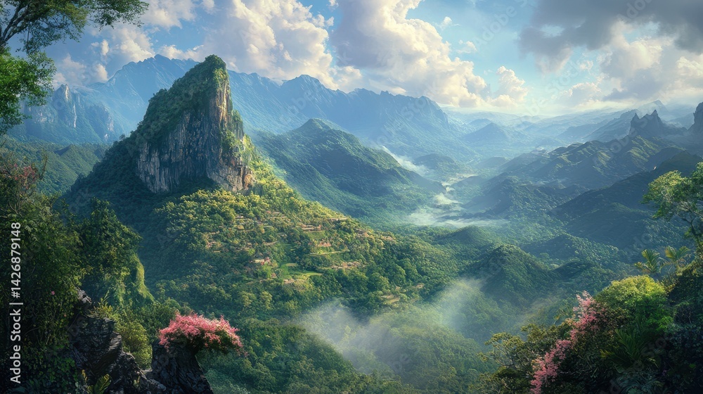 Obraz premium A stunning 2D illustration of a magnificent green mountain, showcasing its lush, vibrant landscape with rolling hills and serene natural beauty.