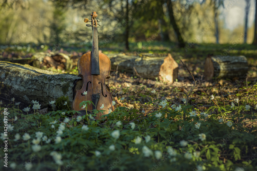 Vintage violin rests amid wildflowers and fallen logs in a serene outdoor setting at dusk