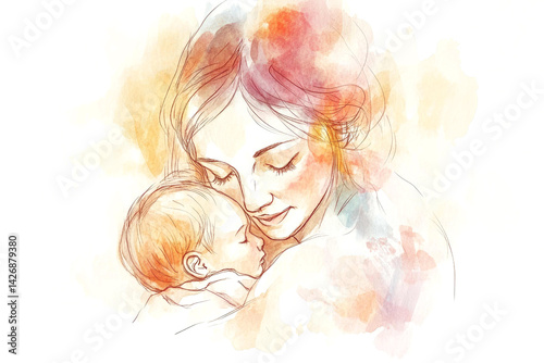 Watercolor based sketch of baby and mother