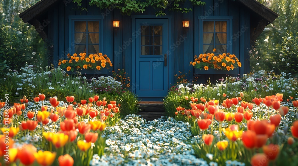 Fototapeta premium Charming Blue Cottage With Tulips And Daisies Garden Photo In Full Bloom
