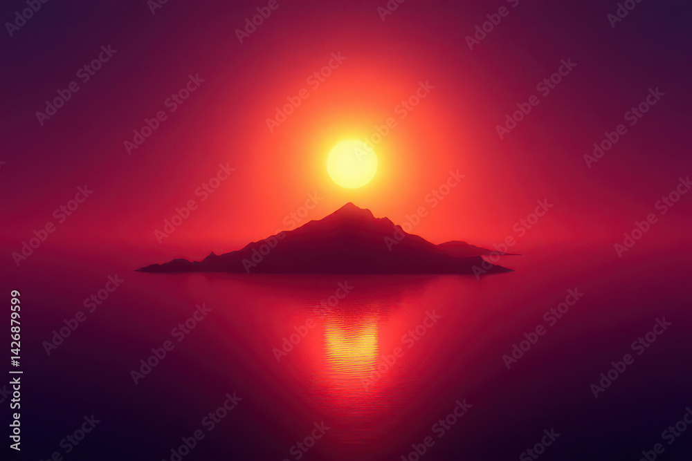 Fototapeta premium Dark Island Under Flaming Magenta Sky: Abstract Burning Sun Sunset Concept
