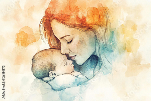Sketch and splash watercolor mom baby portrait