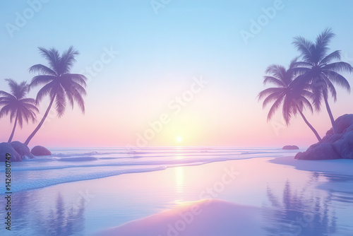 Discover Serene Tropical Vibes: Dreamy Evening Beach Scene with Pastel Gradient Sky and Silhouetted Palm Trees