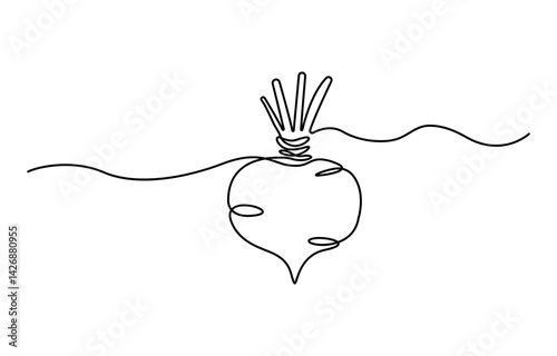 Continuous one line drawing of whole healthy organic red radish for farm logo identity. Fresh crop concept for edible root vegetable icon.