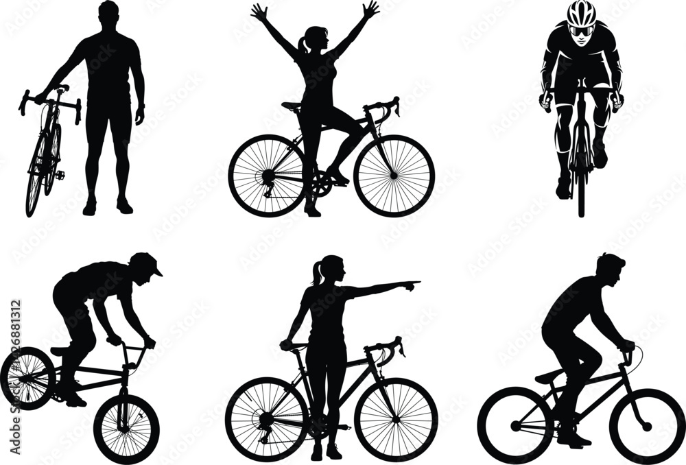 Fototapeta premium Cycling Man Silhouette Vector Illustration Bundle Design. Cyclist, Mountain Biking Graphic, Sports Vector Illustration, Bicycle Rider, Mountain Biker, BMX Rider, Woman Cycling, Sports Bike, Outdoor.